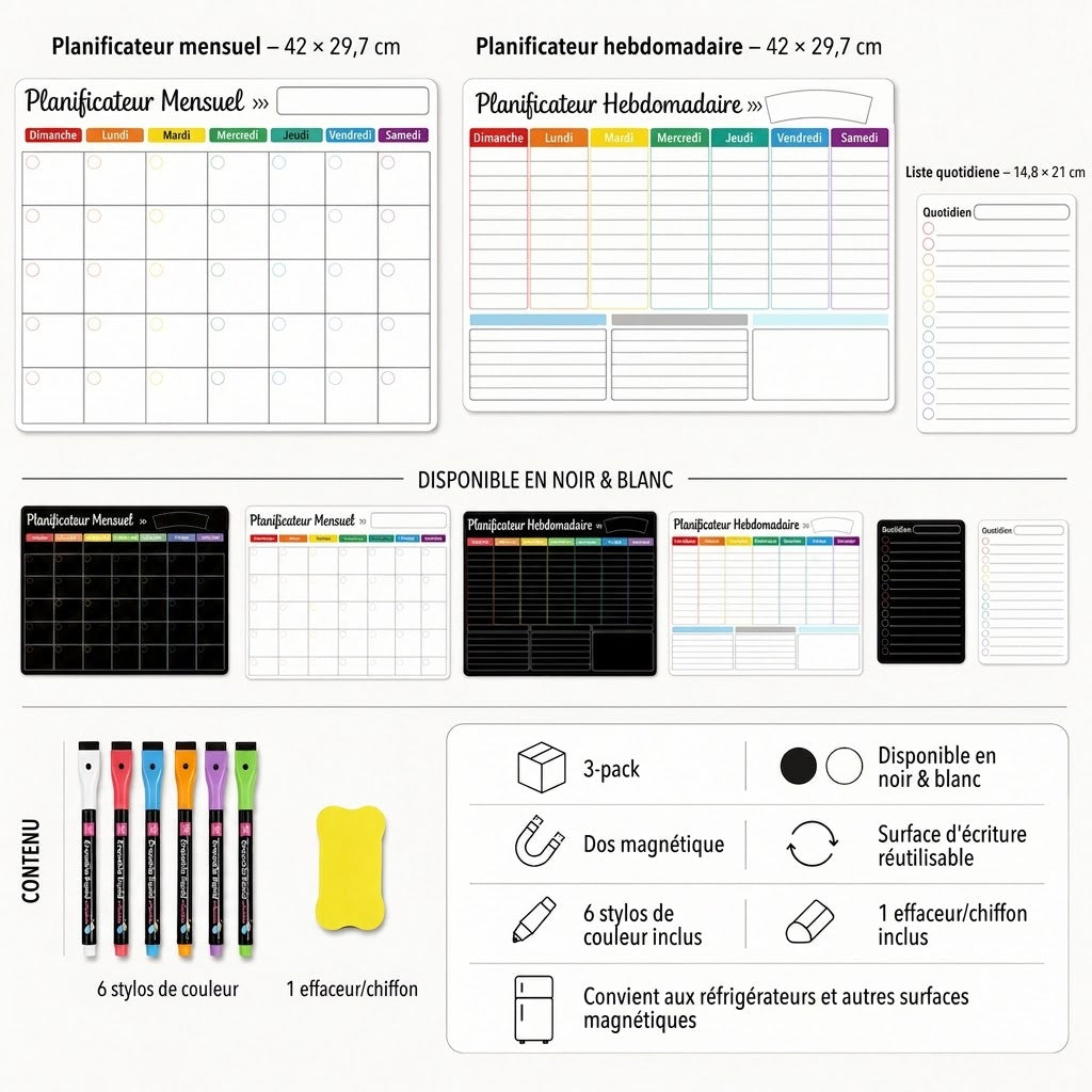 Organisateur Familial Magnétique – Tableau Mensuel, Hebdomadaire et Journalier