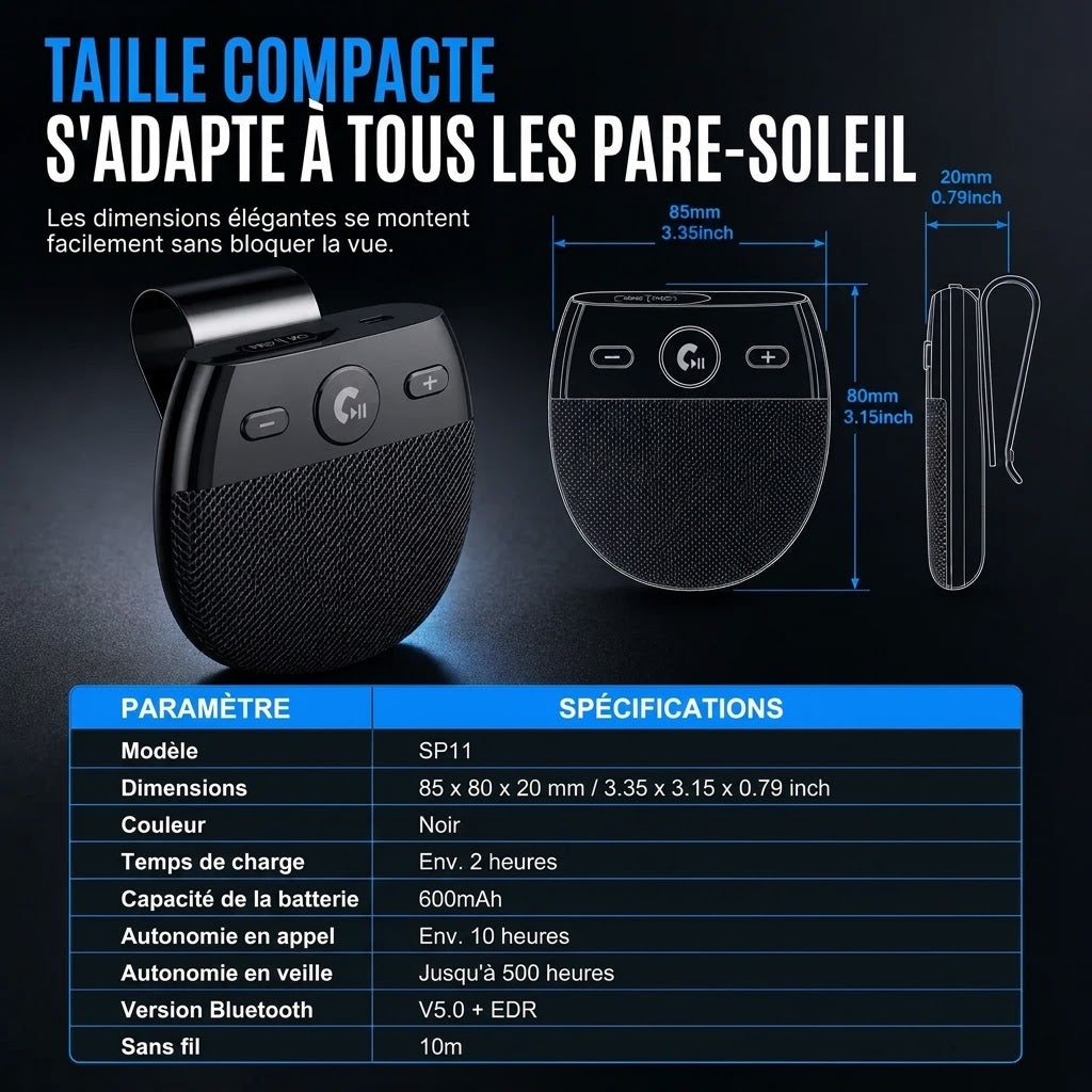 Kit mains libres Bluetooth SP11 pour pare-soleil – Allumage automatique et A2DP