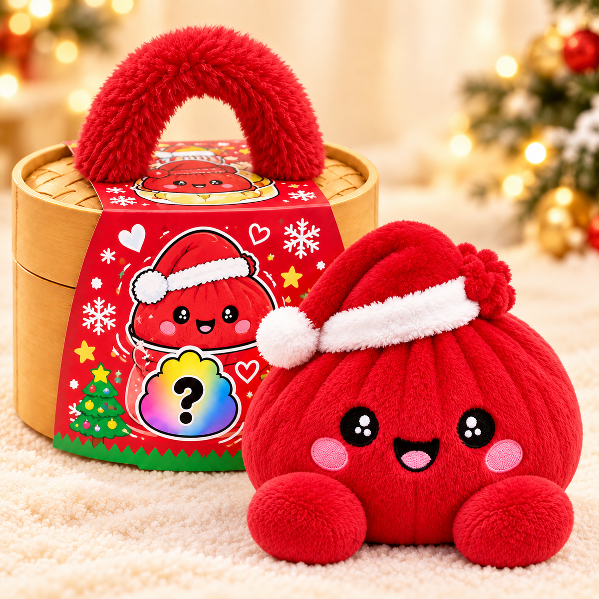 Peluches Dumplings de Noël – Peluches douces avec motifs festifs & jolie boîte vapeur