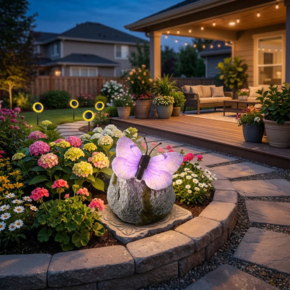 LunaGlow™ | Pierre de jardin solaire avec papillon lumineux intégré