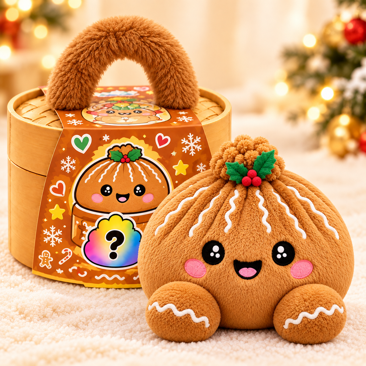 Peluches Dumplings de Noël – Peluches douces avec motifs festifs & jolie boîte vapeur