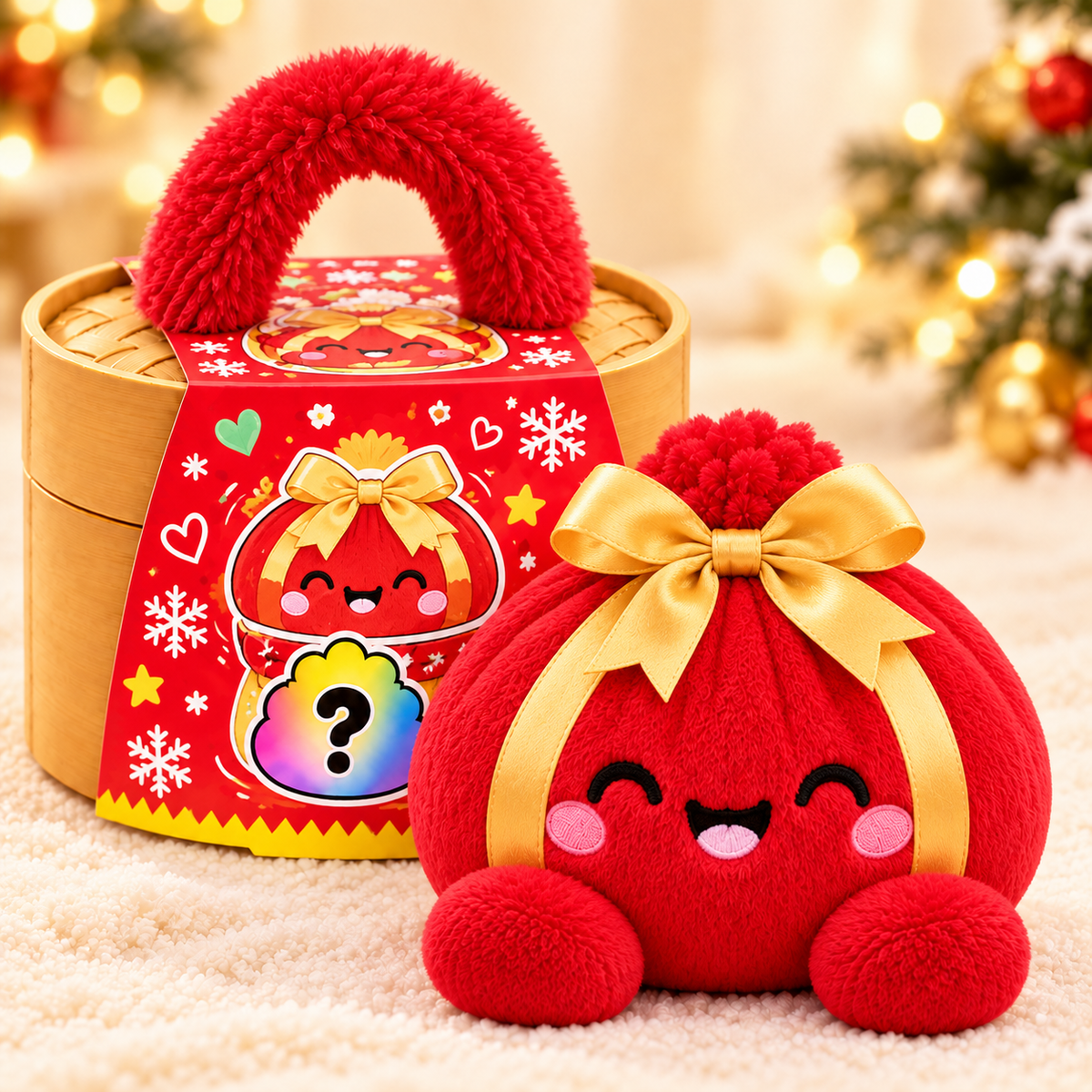Peluches Dumplings de Noël – Peluches douces avec motifs festifs & jolie boîte vapeur