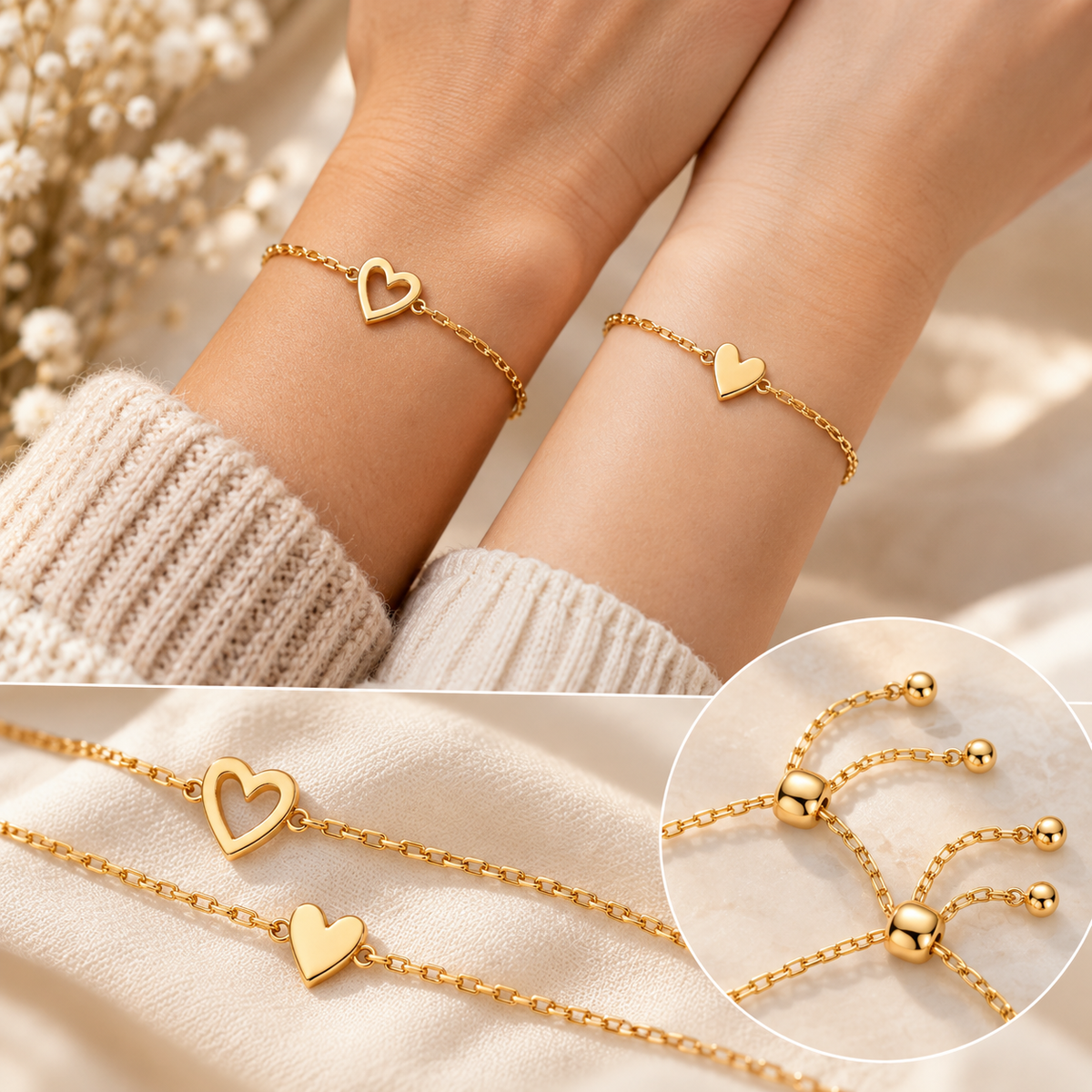 Love Bracelet Set – Bracelets cœur assortis plaqué or 14K