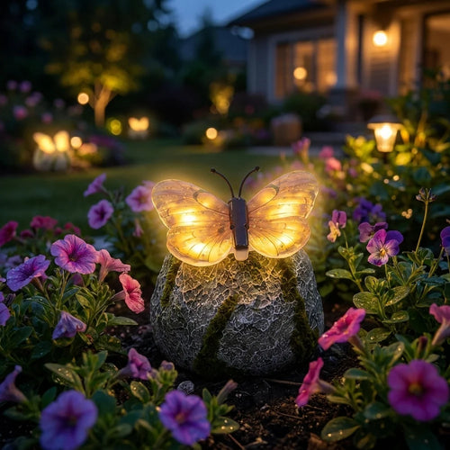 LunaGlow™ | Pierre de jardin solaire avec papillon lumineux intégré