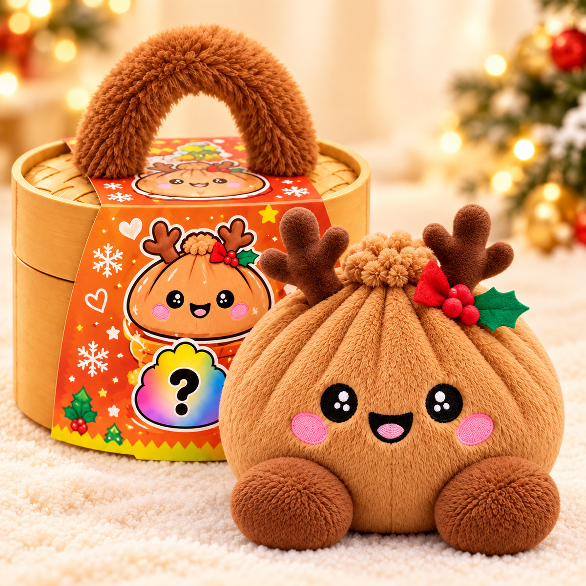 Peluches Dumplings de Noël – Peluches douces avec motifs festifs & jolie boîte vapeur