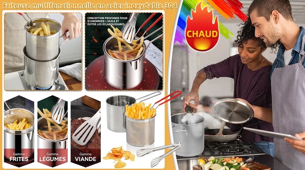 🍟🍤 -60% ! 🥘Friteuse Multifonctionnelle en Acier Inoxydable 304 – Anti-Éclaboussures, Économe en Huile & Polyvalente.