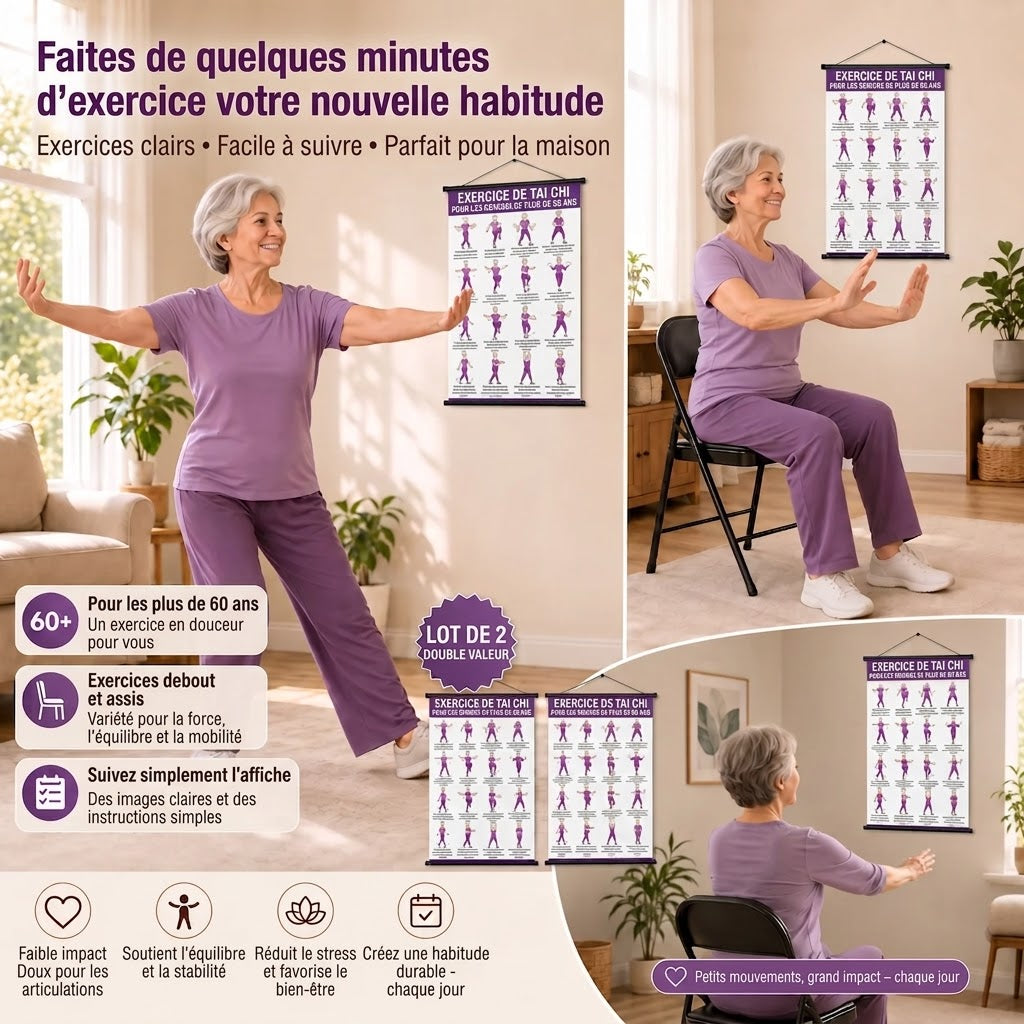 Entraînement de Tai Chi sur chaise – Lot de 2 posters pour exercices faciles à domicile (60+)