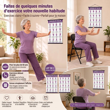 Entraînement de Tai Chi sur chaise – Lot de 2 posters pour exercices faciles à domicile (60+)