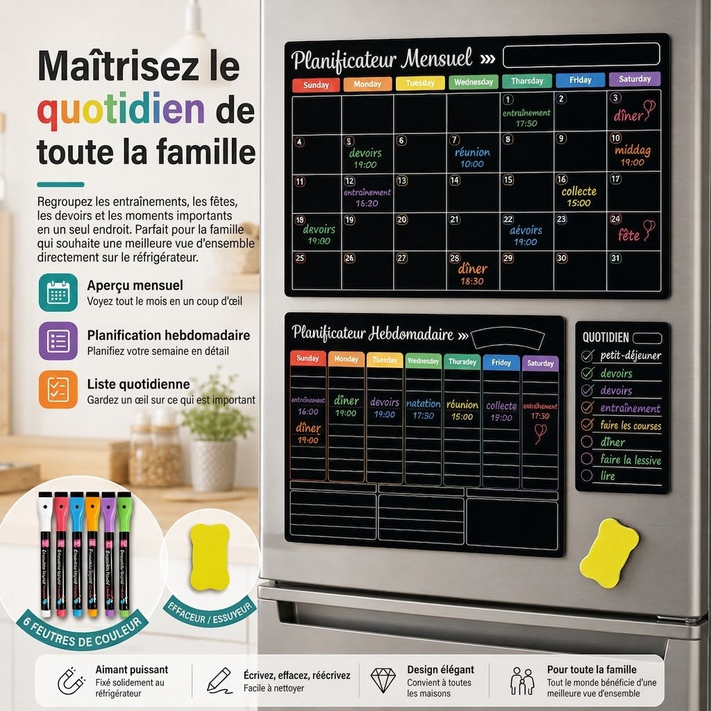 Organisateur Familial Magnétique – Tableau Mensuel, Hebdomadaire et Journalier