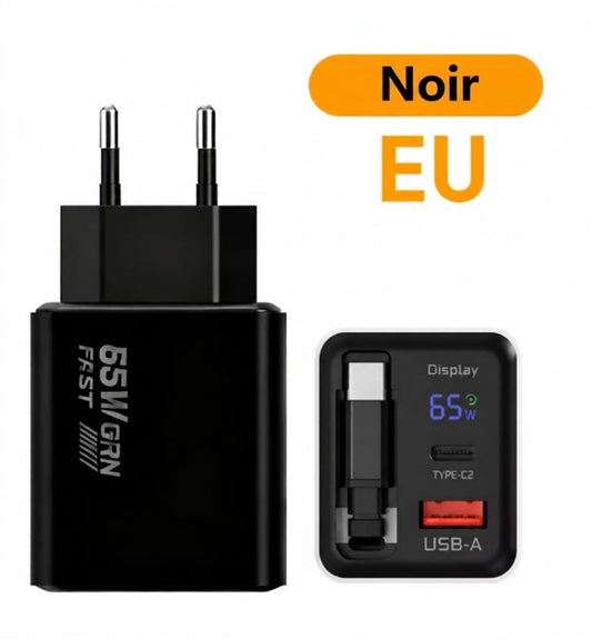 Chargeur Rapide Type-C 65W de 80 cm avec Ports USB et Type-C