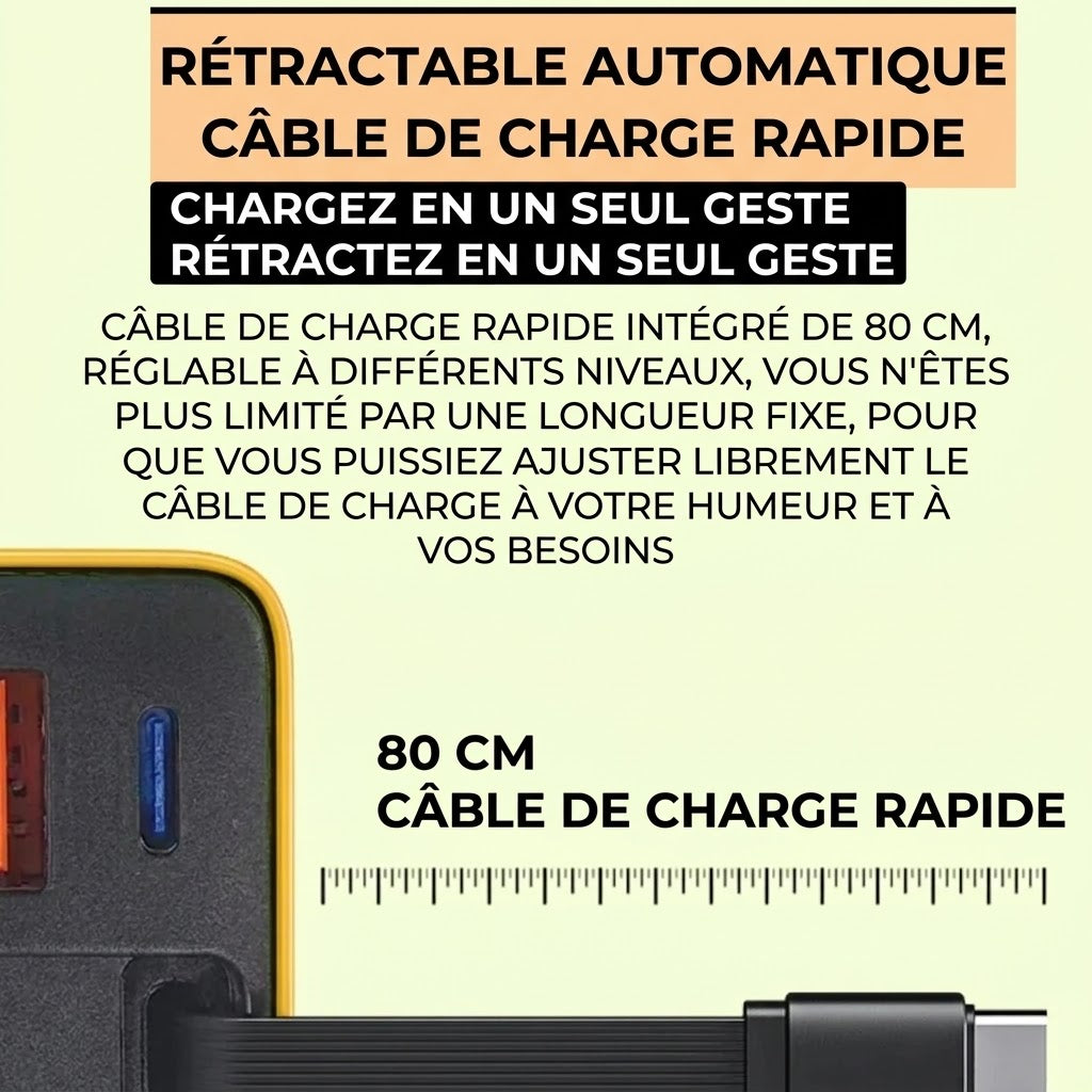 Chargeur Rapide Type-C 65W de 80 cm avec Ports USB et Type-C