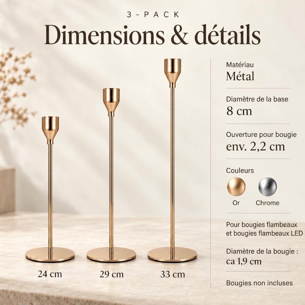 Bougeoirs élégants en or ou chrome – Lot de 3