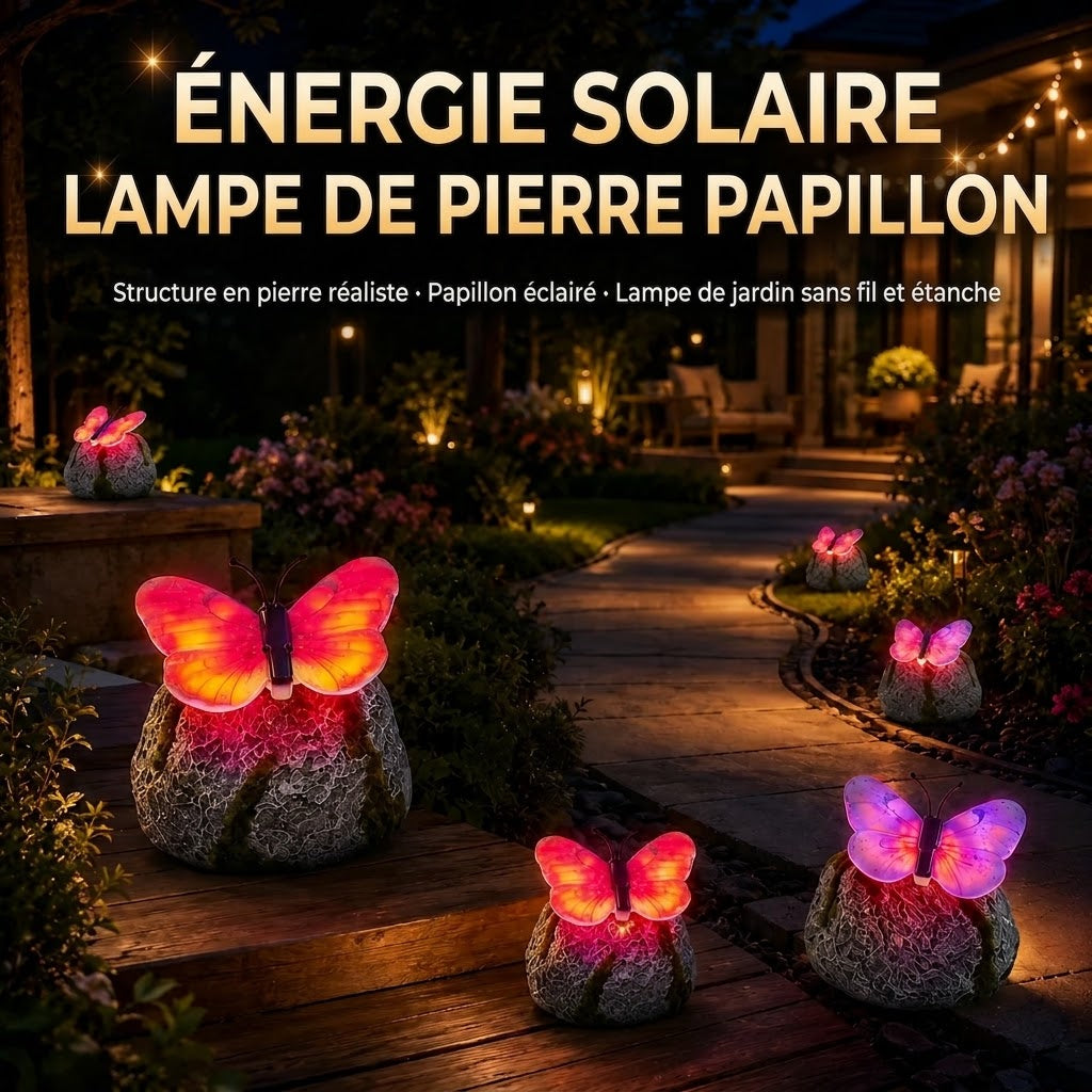 LunaGlow™ | Pierre de jardin solaire avec papillon lumineux intégré