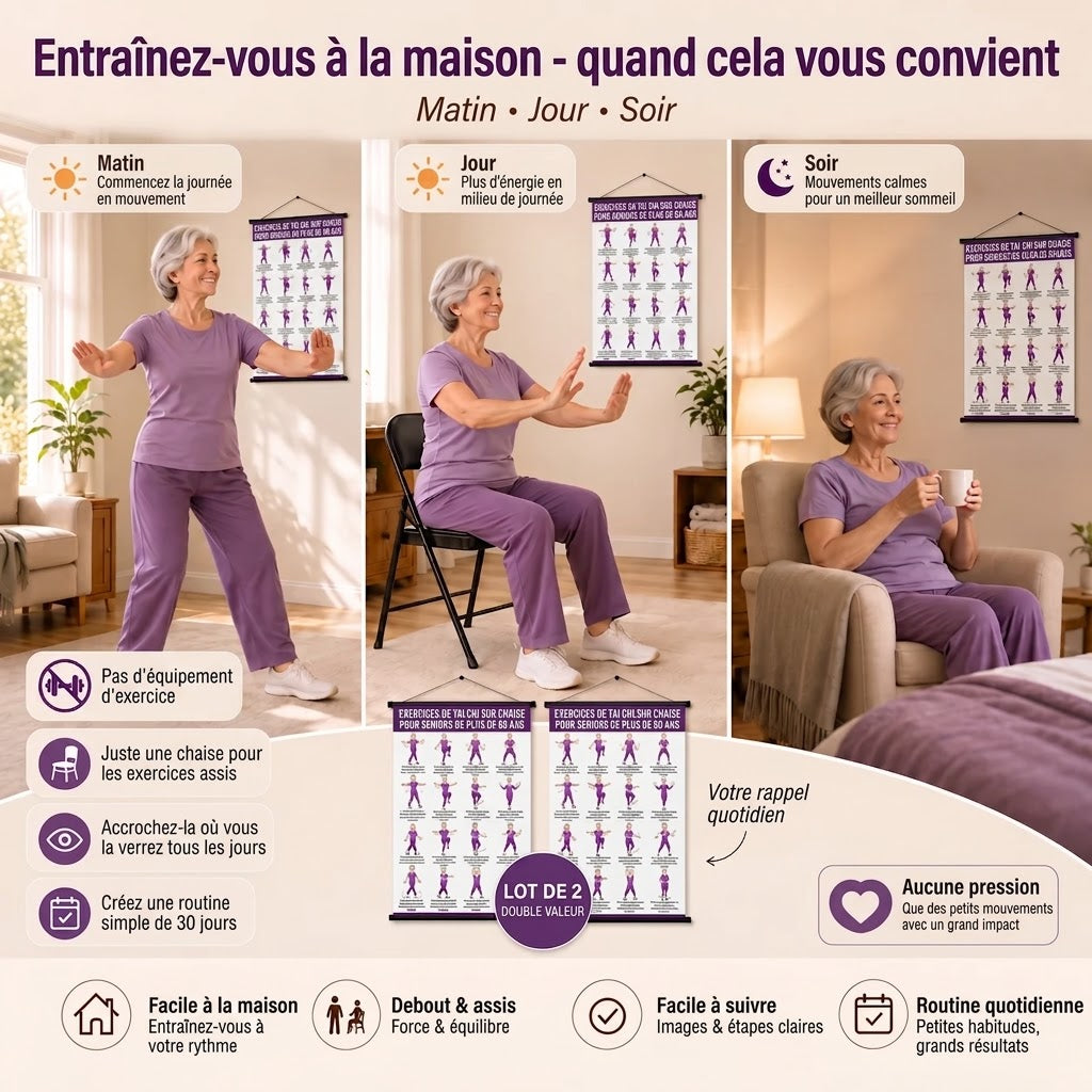 Entraînement de Tai Chi sur chaise – Lot de 2 posters pour exercices faciles à domicile (60+)