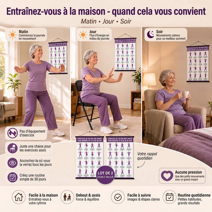 Entraînement de Tai Chi sur chaise – Lot de 2 posters pour exercices faciles à domicile (60+)