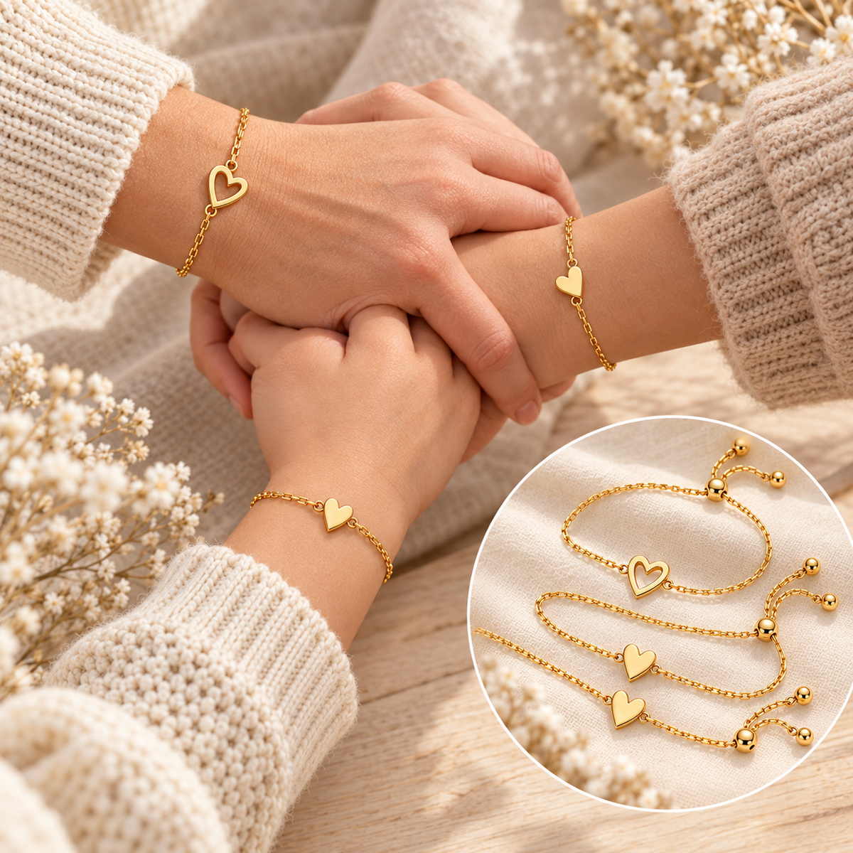 Love Bracelet Set – Bracelets cœur assortis plaqué or 14K