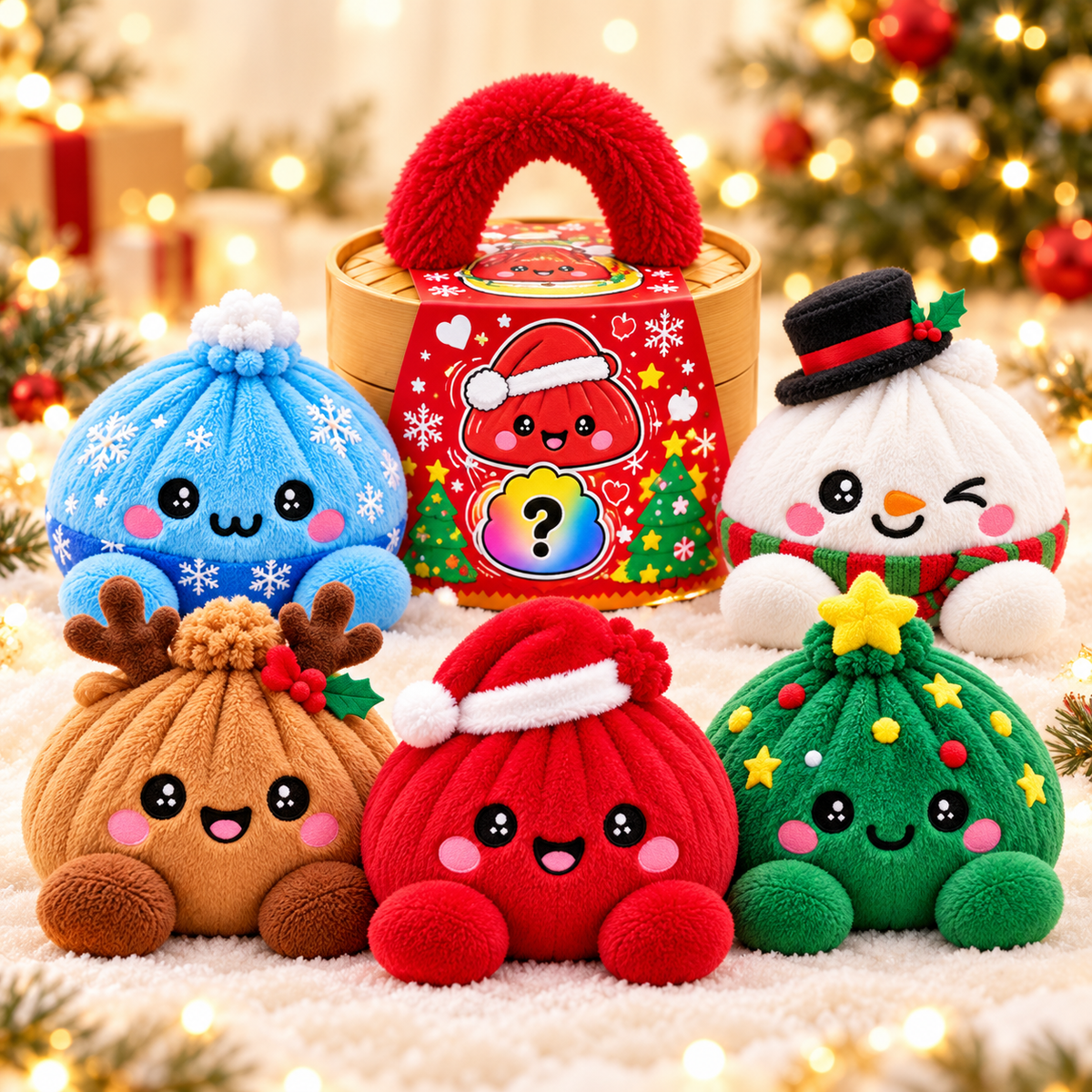 Peluches Dumplings de Noël – Peluches douces avec motifs festifs & jolie boîte vapeur