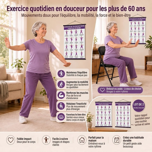 Entraînement de Tai Chi sur chaise – Lot de 2 posters pour exercices faciles à domicile (60+)