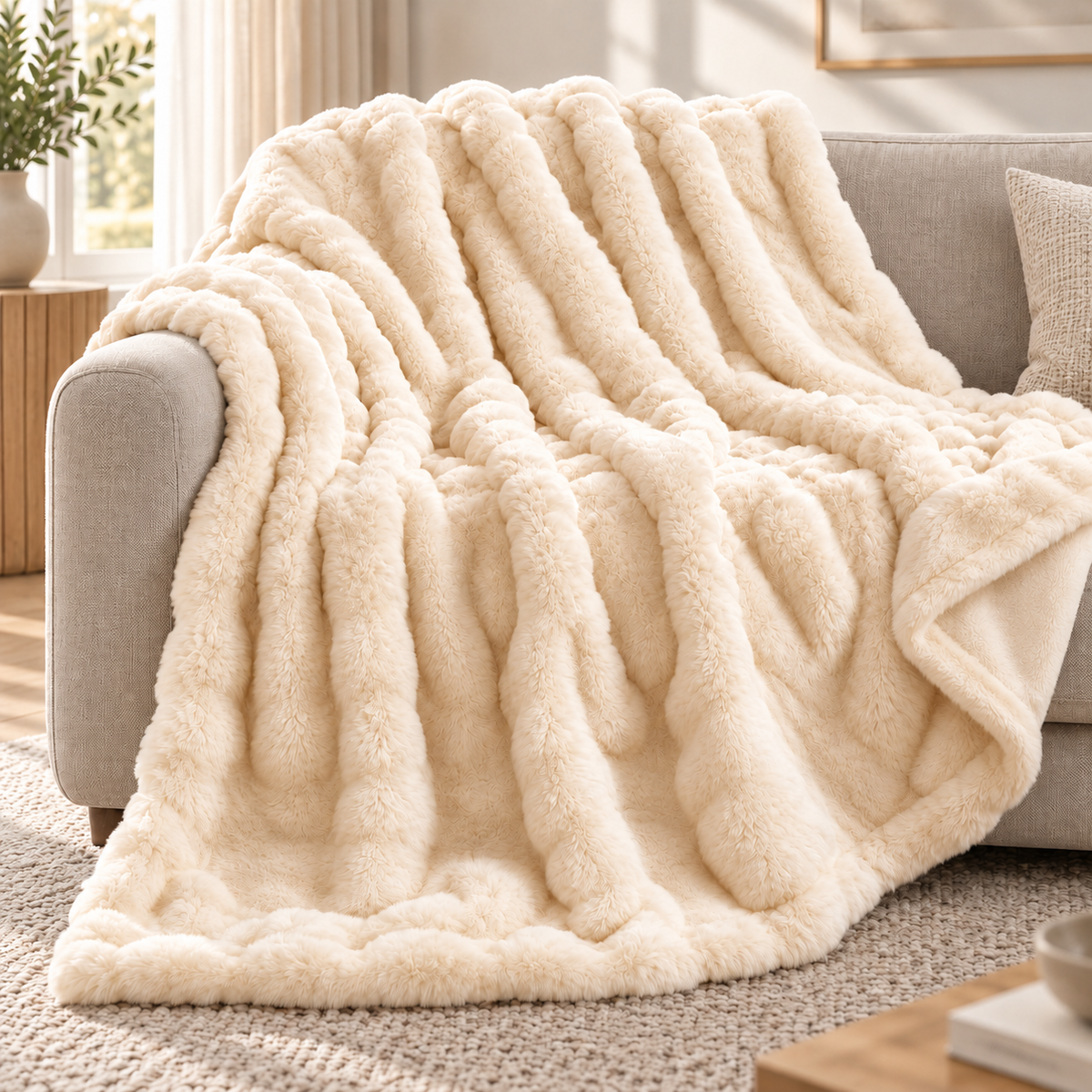 Plaid nuage en fausse fourrure de lapin – Extra grand et luxueusement doux avec effet bulles
