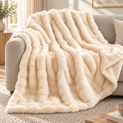 Plaid nuage en fausse fourrure de lapin – Extra grand et luxueusement doux avec effet bulles