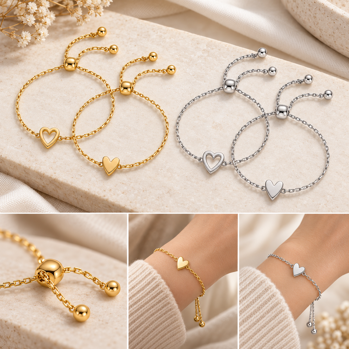 Love Bracelet Set – Bracelets cœur assortis plaqué or 14K