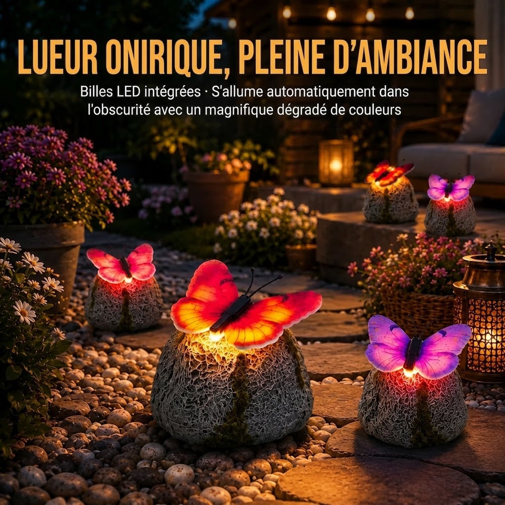 LunaGlow™ | Pierre de jardin solaire avec papillon lumineux intégré