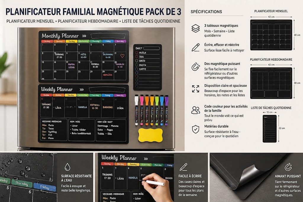 Organisateur Familial Magnétique – Tableau Mensuel, Hebdomadaire et Journalier