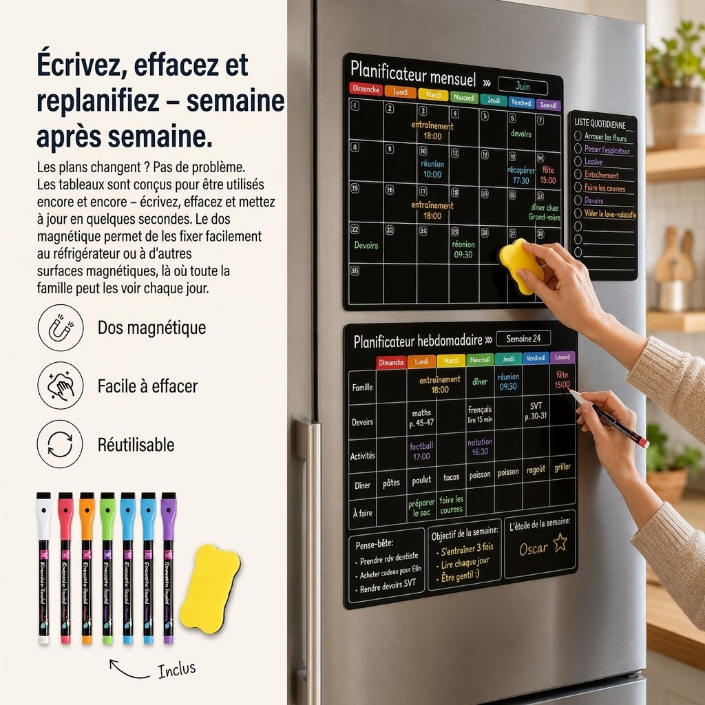 Organisateur Familial Magnétique – Tableau Mensuel, Hebdomadaire et Journalier