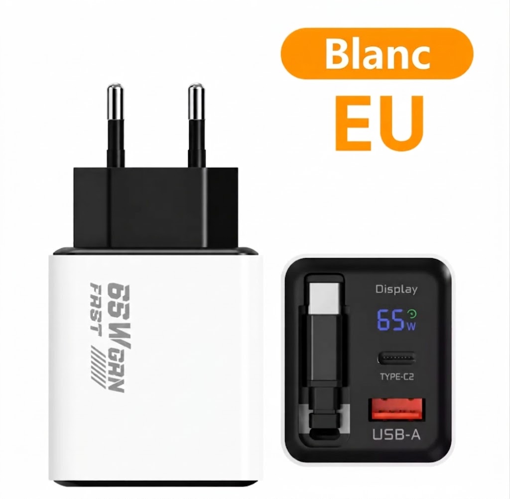 Chargeur Rapide Type-C 65W de 80 cm avec Ports USB et Type-C