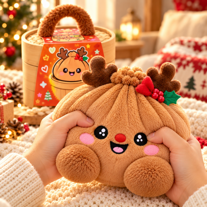 Peluches Dumplings de Noël – Peluches douces avec motifs festifs & jolie boîte vapeur