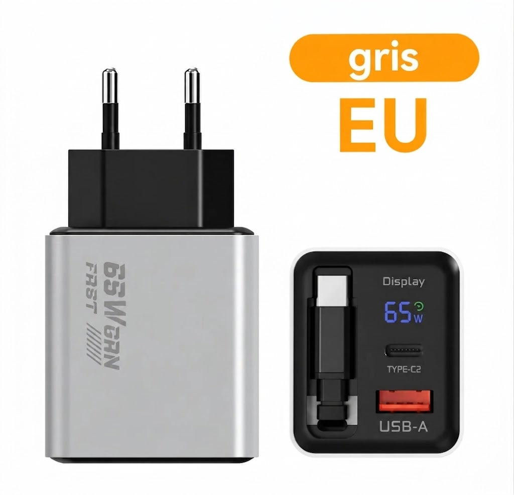 Chargeur Rapide Type-C 65W de 80 cm avec Ports USB et Type-C