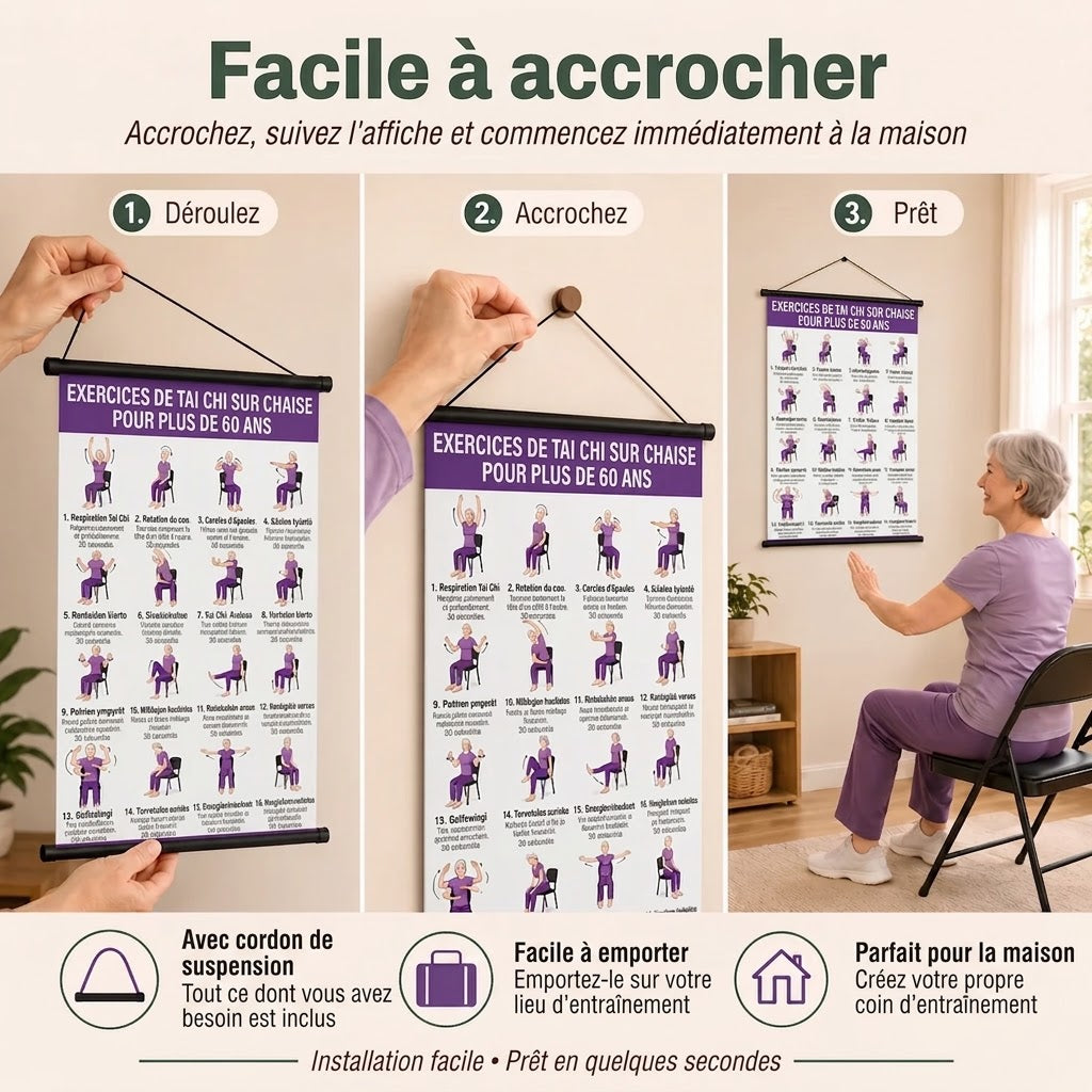 Entraînement de Tai Chi sur chaise – Lot de 2 posters pour exercices faciles à domicile (60+)