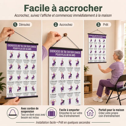 Entraînement de Tai Chi sur chaise – Lot de 2 posters pour exercices faciles à domicile (60+)