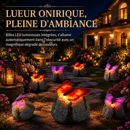 LunaGlow™ | Pierre de jardin solaire avec papillon lumineux intégré