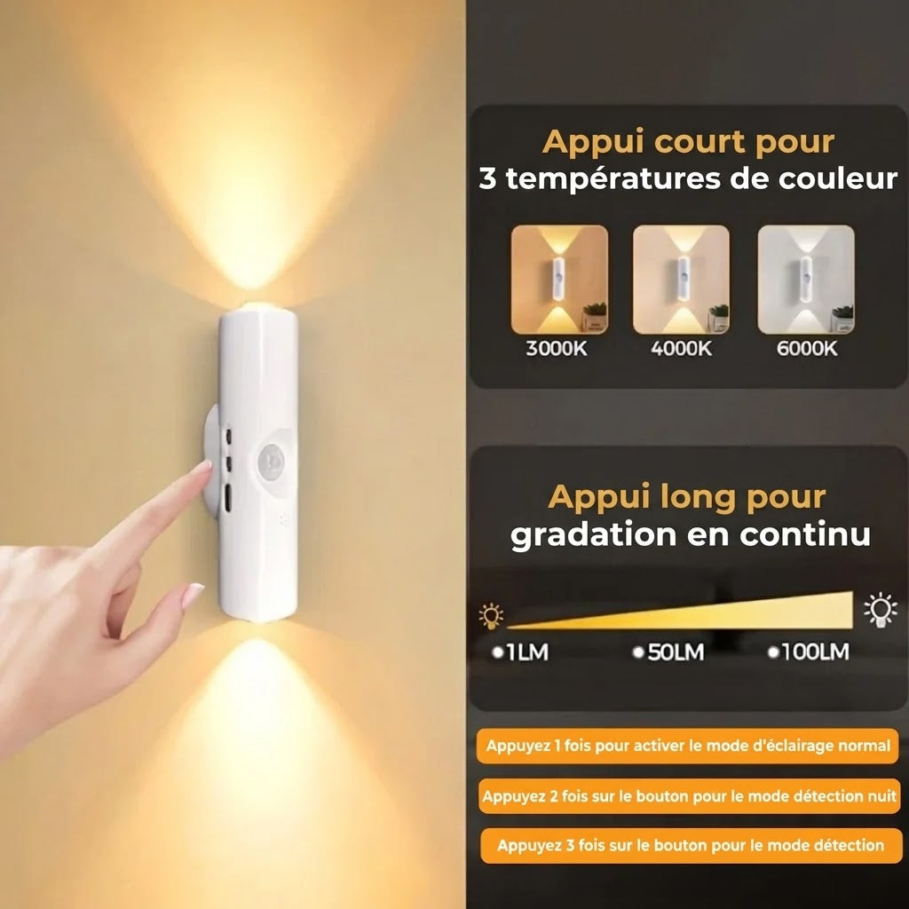 Applique murale LED avec détecteur de mouvement – Sans fil, dimmable et rechargeable par USB