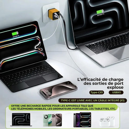Chargeur Rapide Type-C 65W de 80 cm avec Ports USB et Type-C