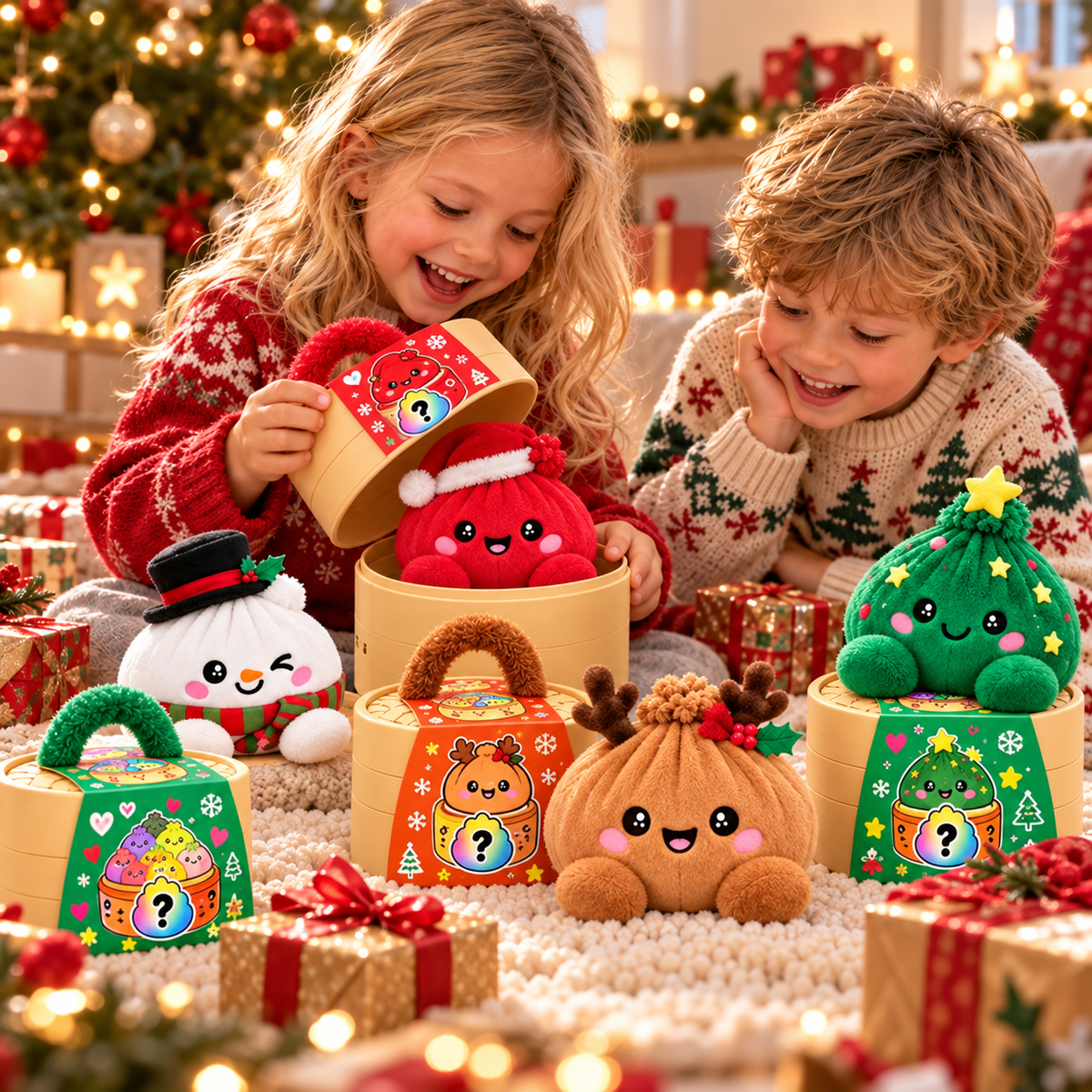 Peluches Dumplings de Noël – Peluches douces avec motifs festifs & jolie boîte vapeur