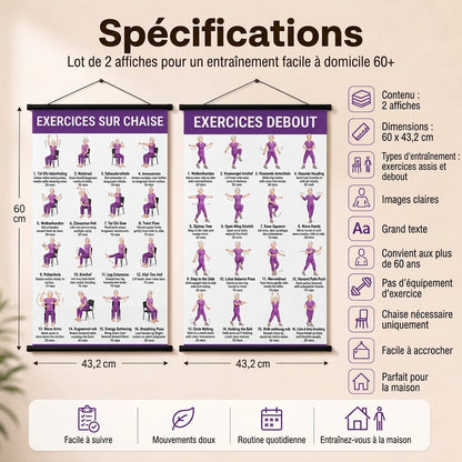 Entraînement de Tai Chi sur chaise – Lot de 2 posters pour exercices faciles à domicile (60+)