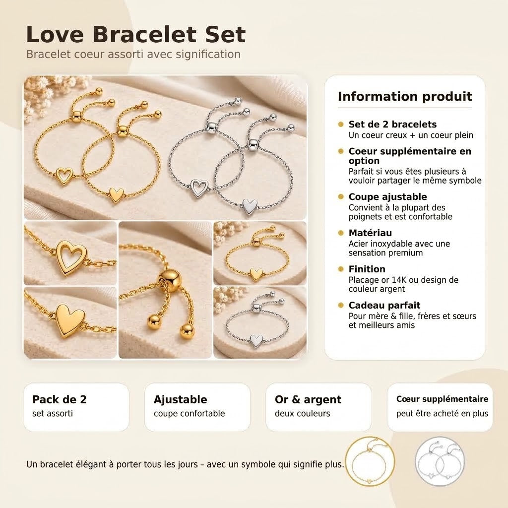 Love Bracelet Set – Bracelets cœur assortis plaqué or 14K