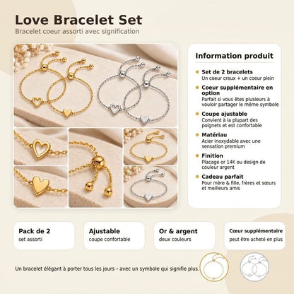 Love Bracelet Set – Bracelets cœur assortis plaqué or 14K