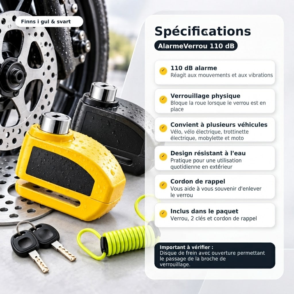 Antivol Bloque-Disque avec Alarme 110 dB pour Vélo, Scooter et Moto