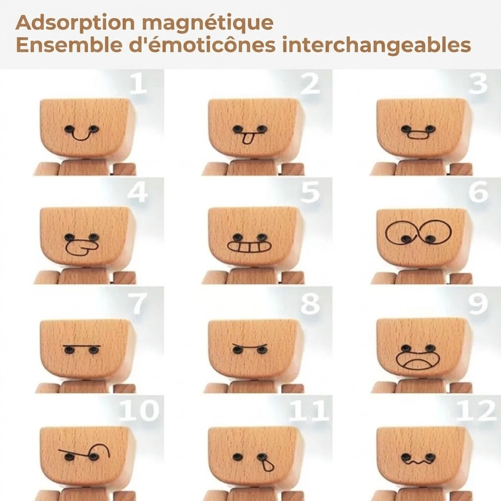 Charmante petite figurine en bois basculante avec 12 expressions magnétiques