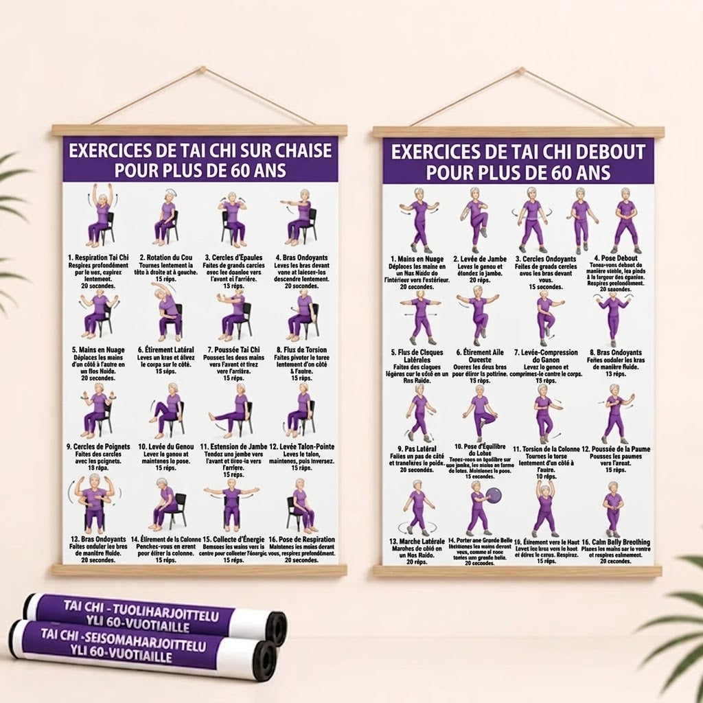 Entraînement de Tai Chi sur chaise – Lot de 2 posters pour exercices faciles à domicile (60+)
