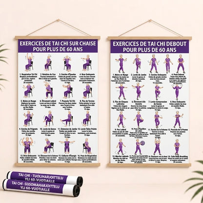 Entraînement de Tai Chi sur chaise – Lot de 2 posters pour exercices faciles à domicile (60+)
