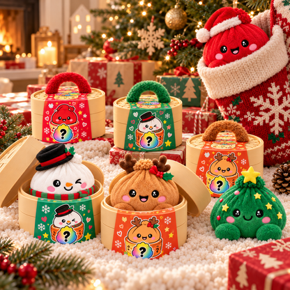 Peluches Dumplings de Noël – Peluches douces avec motifs festifs & jolie boîte vapeur