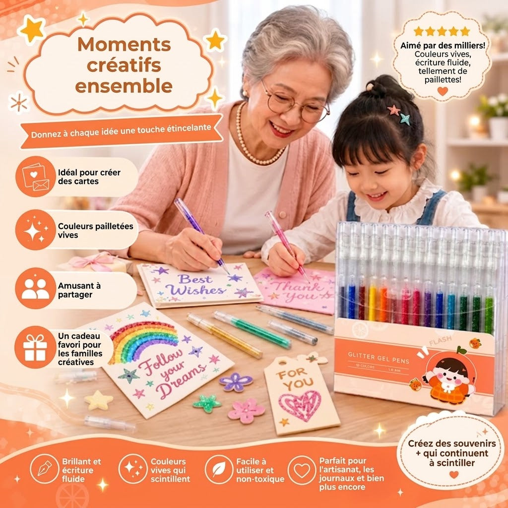 Lot de stylos gel à paillettes anti-bavures