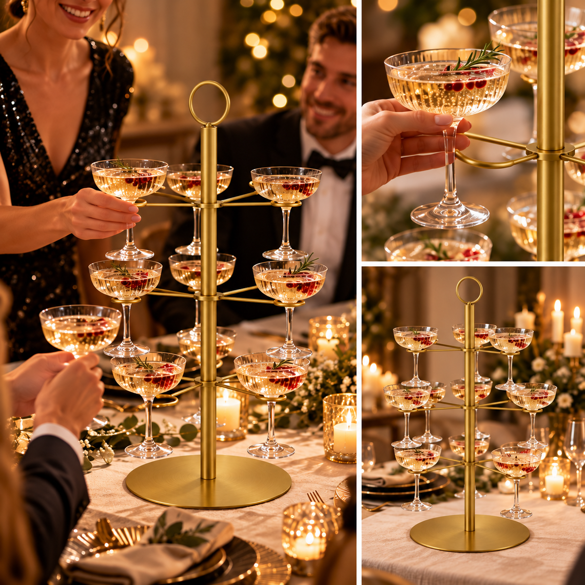 Arbre à Cocktails – Présentoir à verres luxueux à 3 niveaux