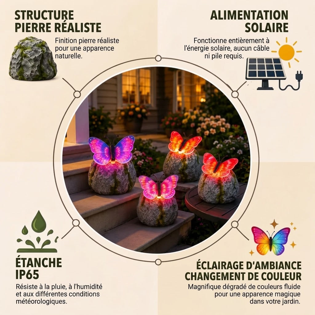 LunaGlow™ | Pierre de jardin solaire avec papillon lumineux intégré