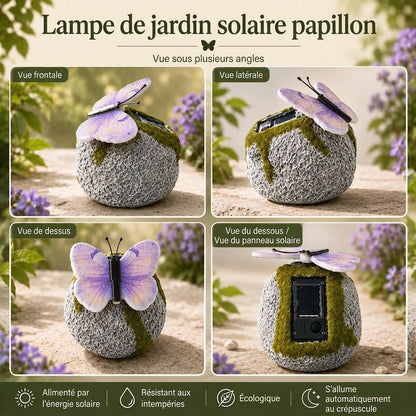 LunaGlow™ | Pierre de jardin solaire avec papillon lumineux intégré