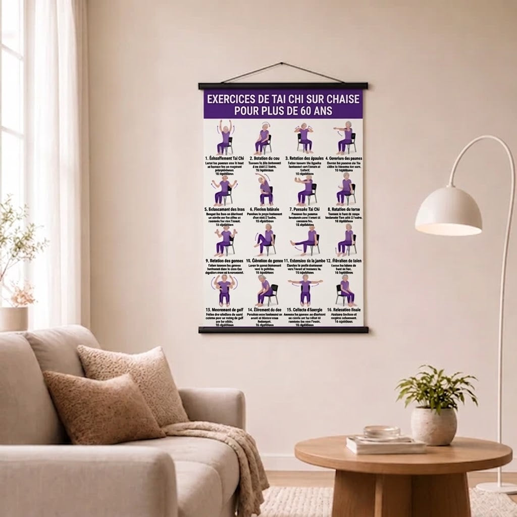 Entraînement de Tai Chi sur chaise – Lot de 2 posters pour exercices faciles à domicile (60+)